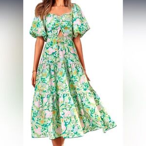 Green floral midi dress with cutout. Btfbm women’s summer dress.
